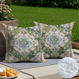 Vorysum Outdoor Cushion Weatherproof 40 x 40 cm Boho Decorative Cushion Covers Vintage Cushion Cover Green Cushion Summer Sofa Cushion for Living Room Bedroom Garden Decorative Set of 2