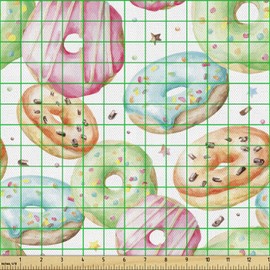 Ambesonne - Tela colorida de The Yard, delicioso patrón de acuarela con donuts dibujados a mano deliciosos pasteles y sabrosos panadería, tela decorativa para tapicería y detalles del hogar, 1 yarda, verde pastel