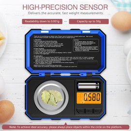 LOFICOPER Digital Pocket Scale, 50 g/0.001 g Precision Scale, Portable Mini Milligram Scale, Jewellery Scales with LCD Display, 6 Units, Tare Function, with 50 g Calibration Weights - Blue