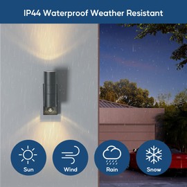 Kerry Outdoor Wall Lights, Up and Down Lamp with Motion Sensor, IP44 Anthracite Grey Stainless Steel Outside Lighting Mains Powered Fixtures, PIR Detector Exterior Sconce