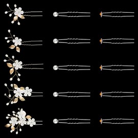 Thyonta 15 Pcs Pearl U-Shaped Hair Pin Set Beaded Flower Hair Fork Rhinestone Bridal Hair Accessories Suitable for Wedding Parties Everyday Wear Various Occasions (Gold)
