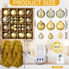 Realspring 65 Pcs DIY Wall Hanging Christmas Tree with Lights Wall Mounted Christmas Tree Include 33ft LED Lights Tinsel Garland Balls Ornaments Stars Topper Hooks for Xmas Home Decor(Gold,Classic)