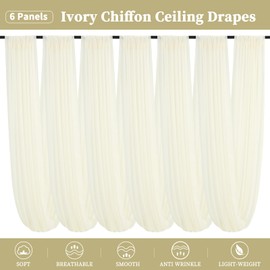 REWOMC 6 Panels Ivory Ceiling Drapes for Wedding 5ftx20ft Chiffon Fabric Arch Draping Curtains Sheer Drapery for Party Ceremony Birthday Baby Shower Reception Stage Swag Ceiling Decorations