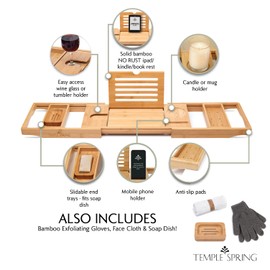 Temple Spring Wooden Bathtub Tray, Bamboo Bathroom Accessories, Bath Tray for Tub, at Home Spa Essentials, Board for Tub Table, Bath Caddy for Bathtub Accessories & Bathroom Essentials – Natural