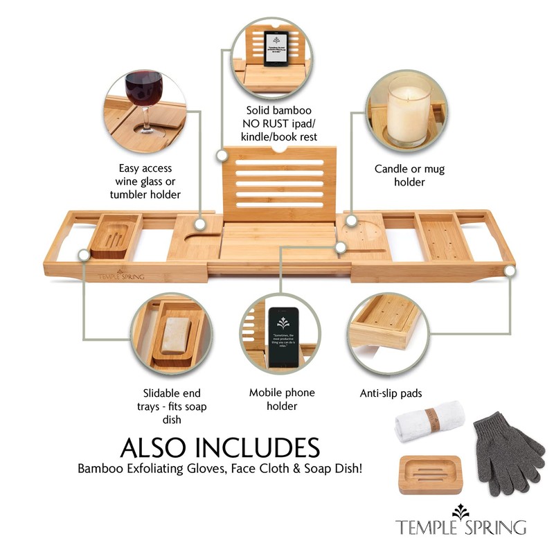 Temple Spring Wooden Bathtub Tray, Bamboo Bathroom Accessories, Bath Tray