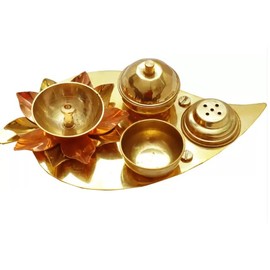 Brass Leaf Shape Platter Plate with Attached Diya Agarbatti Holder Roli Holder Akshat Dani for Home Temple Festival and Gifting (Brass Pooja Platter)