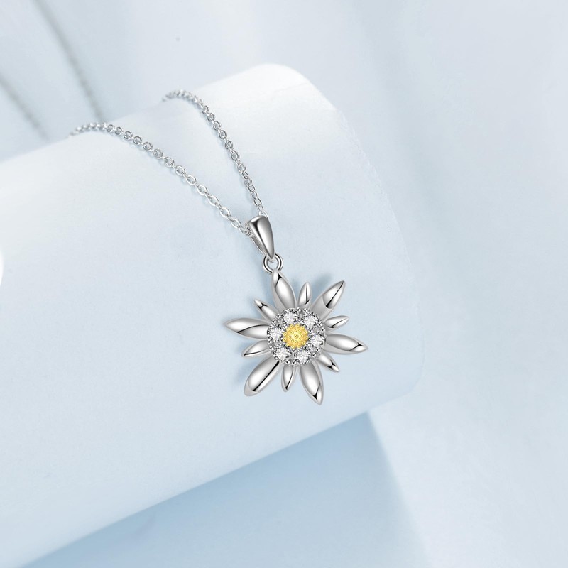 UCADRIT Edelweiss Jewelry Sterling Silver Edelweiss Necklace Flower Pendant White
