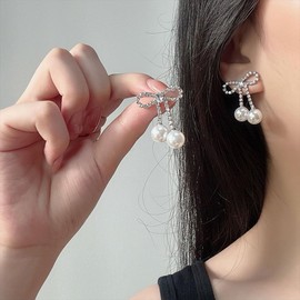 Bling Rhinestone Bow Pearl Dangle Earrings for Women Cute Silver Crystal Bowknot Prom Formal Drop Dangly Earring Trendy Gold Jewelry Pearls Stuff Gifts (Silver)