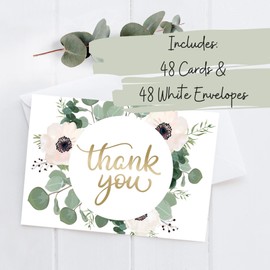 Wedding Thank You Cards with Envelopes | 48 Gold Foil Floral Thank You Cards | Baby Shower Thank You Cards Floral | Bridal Shower Card | Wedding Card Thank You Notes With Envelopes Set | 4x6 Inches