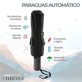 Canotagio Paraguas automatico plegable de bolsillo. Paraguas de viaje compacto para lluvia y Sol con funda. Sombrilla para lluvia con secado rápido y de amplia cobertura con 97 cm de Diámetro (Negro)
