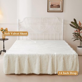 XeGe Faux Fur Bed Skirt with Velvet Platform, Fluffy Bed Skirt with Split Corners, Dust Ruffle Plush Shaggy Wrap Around Bed Skirt 14 Inch Drop, Fuzzy Luxury Bed Skirt Furry Bedspread, Beige, Queen