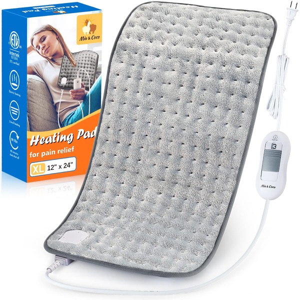 XL Electric Heating Pad for Back Pain Relief with Auto Shut Off in 90 min, 3 Heat Level Settings, 100% Soft Comfortable Polyester XL Extra Large King Size 12" x 24"