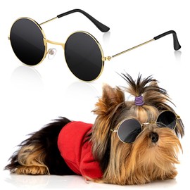 Dog Sunglasses Retro Pet Glasses Doll Glasses Classic Round Dog Glasses Metal Cat Puppy Eye Wear Hippie Costumes for Cats and Dogs, Photos Props Cosplay Party Costume (Gold, Black,Modern Style)