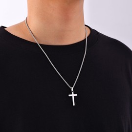 Fiusem Cross Necklace for Men, Silver Tone Mens Cross Necklaces with 2.5mm Cross Chain, 316L Stainless Steel Wheat Chain 16"