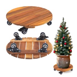 TIMBERHOLM 2PCs- 14" Wooden Plant Caddy With Wheels, Heavy Duty Round Plant Caddy, Rolling Plant Stand With 360° Lockable Wheels, Indoor Outdoor On Plant Roller Large Plant, Patio/Flower Pot (Natural)