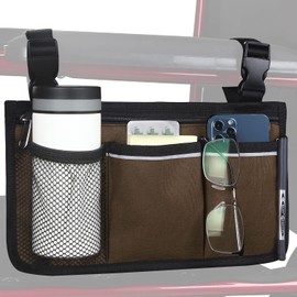 HSGEZUOQI Wheelchair Storage Bag, Armrest Bag with Cup Holder and Reflective Strips, Waterproof Fabric, for Most Wheelchairs, Rollators or Rollators (Coffee)
