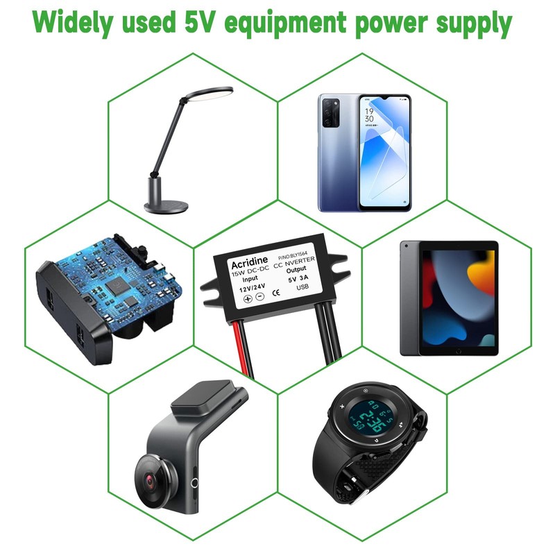 Acridine 12V 24V DC to 5V 3A USB Female DC