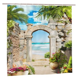 YUAOEUR 3D Landscape Garden Shower Curtain 71X71 Inch Stone Arch Sea Side View with Palm Trees Flowers Blue Sky Outdoor Picture Garden Bathroom Decor with Hook