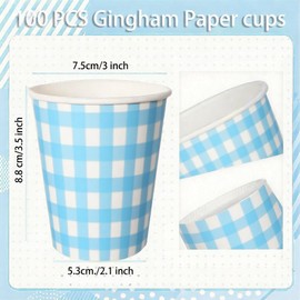 excvalues 100 Pieces 9 oz Gingham Paper Drinking Cups, Plaid Paper Cups Checkered Cups for Birthday Party, Hot Cold Beverage, DIY and Easter Paper Cups Picnic Decor Supplies (Blue)