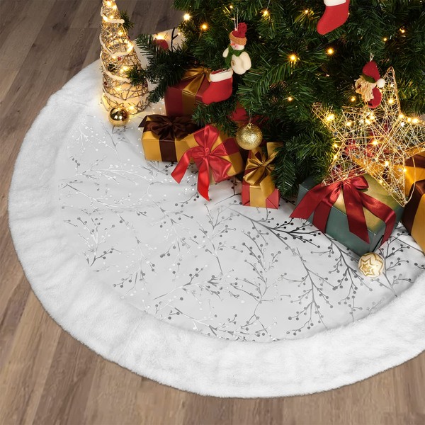 Lewondr Christmas Tree Skirt, 48 Inch/122 cm, Round Christmas Tree Skirt with Hot Stamped Pattern, Made of Soft Faux Fur, Christmas Tree Decoration for Christmas, New Year, Home, Silver