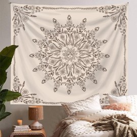 Jhdstore Floral Bohemian Tapestry-Flower Aesthetic Tapestries-Hippie Wall Hanging Boho Tapestry-Small Mandala Room Decor-Tapestries for Bedroom Living Room Dorm Decor (Flaxen, 48L x 36W)
