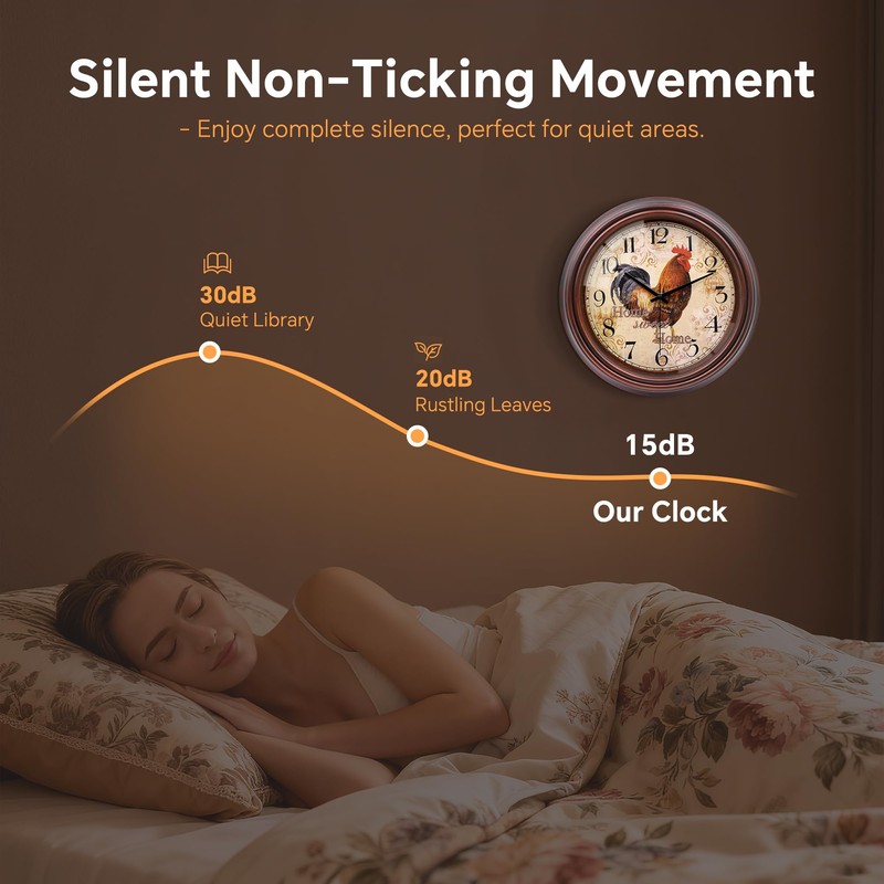 VIKMARI 8.5" Vintage Rooster Kitchen Clock Silent Wall Clock for