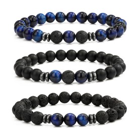MengPa Mens Beaded Bracelets Matte Lava Rock Volcanic Stone Beads for Women Stretch Bracelet (Tiger Eye-Blue) US4543S