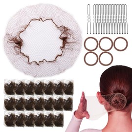 Hair Accessories Set: 20PCS Mesh Hair Nets Invisible and 50PCS U Shaped Hair Pins for Women, Girls, Ballet Bun Maker Dance 24 inch(60cm) Hair Nets, 2.4 inch(6cm) Hair Pins,with 5 Hair Bands, Brown