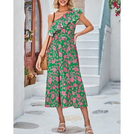 BTFBM Women's One Shoulder Maxi Dress Sleeveless Casual Summer Layered Ruffle Boho Floral Print Party Beach A-Line Dresses(Floral Pink Green, Medium)