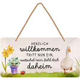 LANOLU Retro Tin Sign "Herzlich Willkommen" Sign – Welcome Decorative Garden, Sign for Front Door and Entrance Door with Saying – Welcome Sign as Door Decoration with Jute Cord 16 x 32 cm