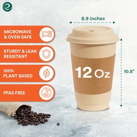 ECO SOUL 100% Compostable Coffee Cups With Lids & Sleeves - 12 Oz (100 Counts) Pfas Free To Go Coffee Disposable Bagasse Cups |Sturdy & Eco-Friendly Cups for Cafes, Party, Office