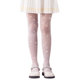LOLANTA Girls Sparkle Tights 2 Pack Fishnet Rhinestone Stockings for Kids Shimmer Mesh Pantyhose(White-Rhinestone,4-8Y)