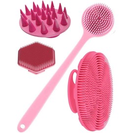 Set de cepillos corporales de silicona de 4 piezas, cepillo de mano no eléctrico con empuñadura antideslizante para un poder de limpieza superior y cerdas suaves para limpiar y masajear cada parte de su cuerpo. (Pink)