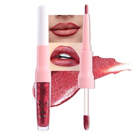 evpct Shimmer Liquid Lipstick Lip Liner Set Combo for Lasting Makeup, Wine Red Metallic Lips Makeup Sets Dual-ended, Non Sticky Liquid Lipstick with Lipliner High Pigmented Waterproof for Women 01