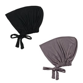 2 Pcs Women Hijab Undercap, Islamic Muslim Under Hijab Cap Inner Under Scarf Hat Cap with Tie Back Closure Adjustable Underscarf Hat Cap (Black dark gray)
