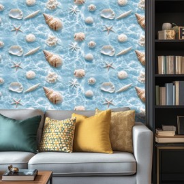 HOMETITUTE Beach Wallpaper Peel and Stick Wall Paper Shell and Starfish Contact Paper Ocean Wall Sticker Removable Self Adhesive Vinyl Wallpaper for Bathroom Coastal Room Decor 15.7"x39.4"