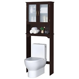 Yaheetech Over The Toilet Storage Cabinet, Free Standing Toilet Rack with Adjustable Shelves and Tempered Glass Doors for Bathroom Washroom, Espresso