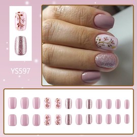 24Pcs Short Press on Nails Flower Nails Press ons Flower Square Fake Nails with Glitter Designs Purple Summer Glue on Nails Floral Artificial Acrylic False Nails for Women