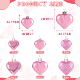 24PCS Valentines Day Heart Ornaments, Pink Heart Shaped Ornaments, 2 Sizes Heart Hanging Ornaments, Glossy Heart Baubles Hanging Decorations for Valentine's Day Wedding Anniversary Home Party Decor