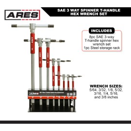 ARES 44002 – 8-Piece SAE 3-Way T-Handle Spinner Hex Allen Key Wrench Set – Sizes from 5/64-Inch to 3/8-Inch – Sliding Handle, Spinning Sleeve for Versatile Speed and Leverage Application