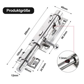 Sliding Door Latch with Padlock Hole, 304 Stainless Steel, Double Sided Sliding Door Latch, Door Security Lock, Diameter 12mm, for All Types of Doors, Cabinet Doors and Bathrooms (200mm)