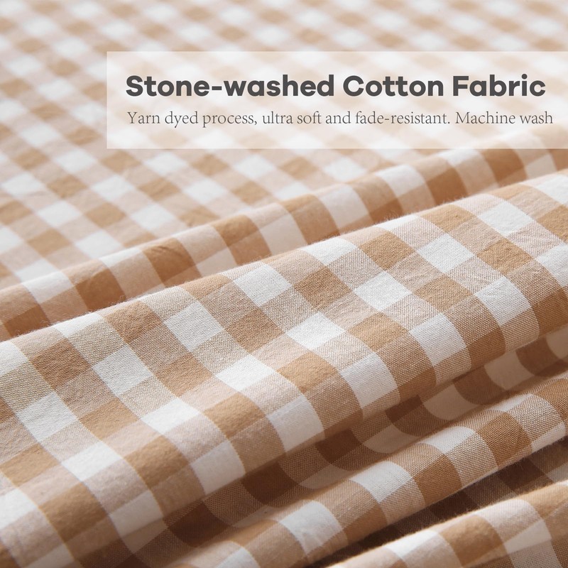 K MASANIJI Taupe White Plaid Ruffle Sheets Twin Size 4-Piece