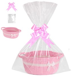 Gift Baskets Empty with Bags Ribbons, woven hamper baskets for gifts empty Cotton Rope Storage Basket with Handles for Baby Shower,Wedding,Birthday,Easter,Housewarming(38 x 23 x 14 cm)