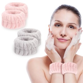 MOLOPPO 4 Pcs Soft Microfiber Wrist Bands for Washing Face, Towel Bands，Prevent Water Spills, Reusable Face Washing Accessories for Women(Pink+Grey)