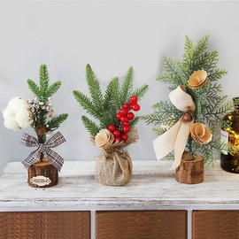 Mini Christmas Tree,3 PCS Christmas Tabletop Tree Artificial Christmas Tree with Ornaments Pine Cone,Bowknot and Red Berries Christmas Decoration for Christmas Table and Desk Tops Decorations