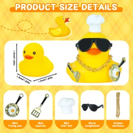 Jyeennar Jeeps Ducks for Ducking, Car Dashboard Decorations Rubber Ducks, Chef Duck Rubber Ducky for Car Ornament Funny Duck with Hat, Sunglasses, Necklace, Spatula and Pot