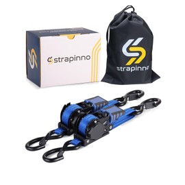 Strapinno Retractable Ratchet Straps - 1 in x 4 ft Heavy Duty Boat Transom Tie Down, 2PCS, 2400lbs Breaking Strength, S Hooks with Safety Clip, for Boat, Jetski, Seadoo, Waverunner, and PWCs (Blue)