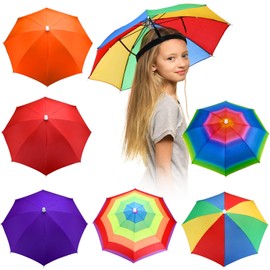 6 Pack Umbrella Hat Rainbow Umbrella Hat for Kids Sports Head Umbrella Cap 20 Inch Diameter Rain Hat Folding Waterproof Elastic Fishing Hats Headwear for Outdoor Party Beach Hiking (Rainbow)