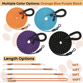 Long Dog Leash for Dog Training 16FT/30FT/50FT/100FT, Reflective Dog Leash with Lockable Hook, Heavy Duty Dog Lead Tie Out Rope for Large Medium Small Dogs Outside Walking, Playing, Camping, or Yard