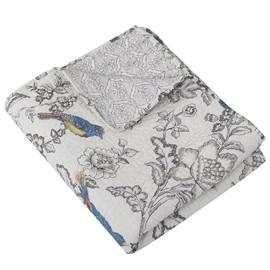 Levtex Home - Mockingbird - Quilted Throw - 50x60in. - Grey Toile with Birds and Butterflies - Reversible Pattern - Cotton